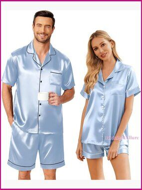 Silk Satin Pajama Set Short Sleeve Button Down Lounge Wear S-XXL